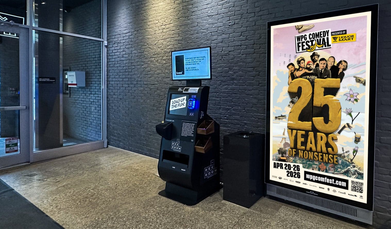 Digital poster at The Rec Room promoting Winnipeg Comedy Festival’s 25th anniversary event
