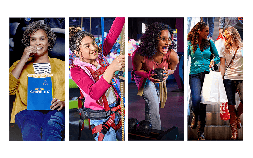 People enjoying movies, arcade games, bowling, and shopping at Cineplex venues